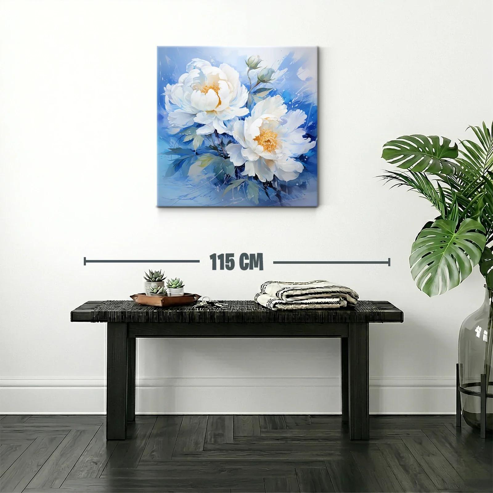 Cuadro floral con peonías blancas sobre fondo azul — miniatura 2