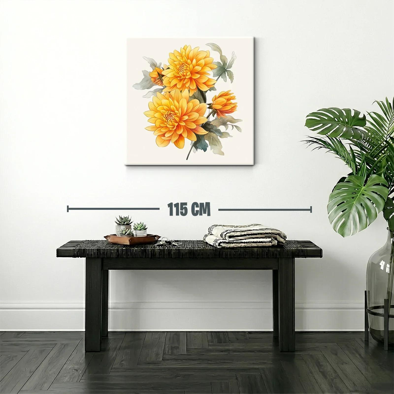 Cuadro floral con dalias en tonos cálidos y hojas verdes — miniatura 2