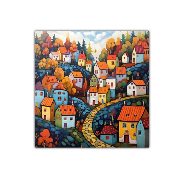 Pueblo colorido en colinas con camino serpenteante