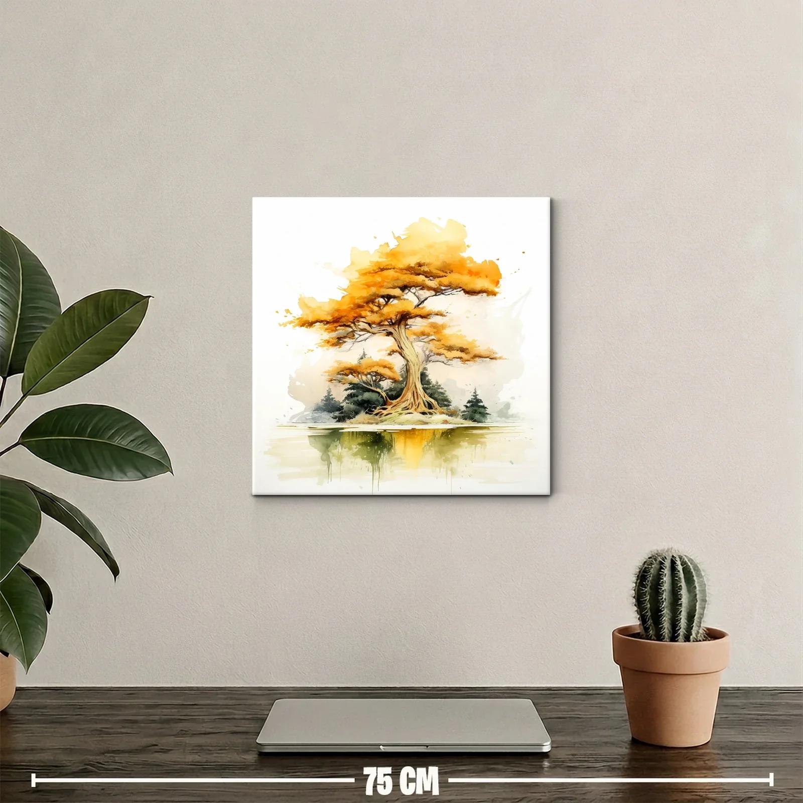 Árbol otoñal con reflejo sereno en tonos cálidos y verdes — miniatura 2