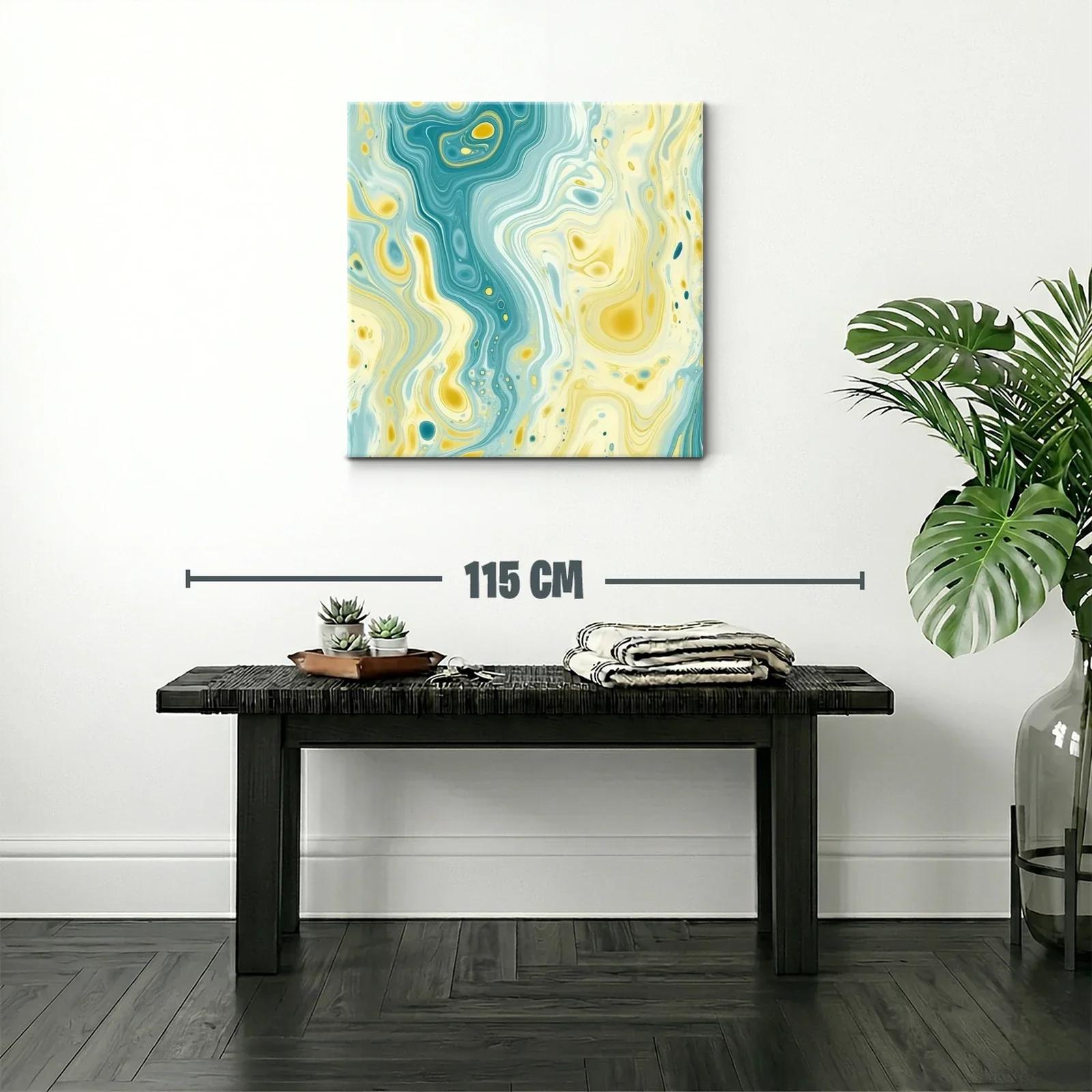 Cuadro abstracto con fluidas formas y tonos aqua y amarillo — miniatura 2