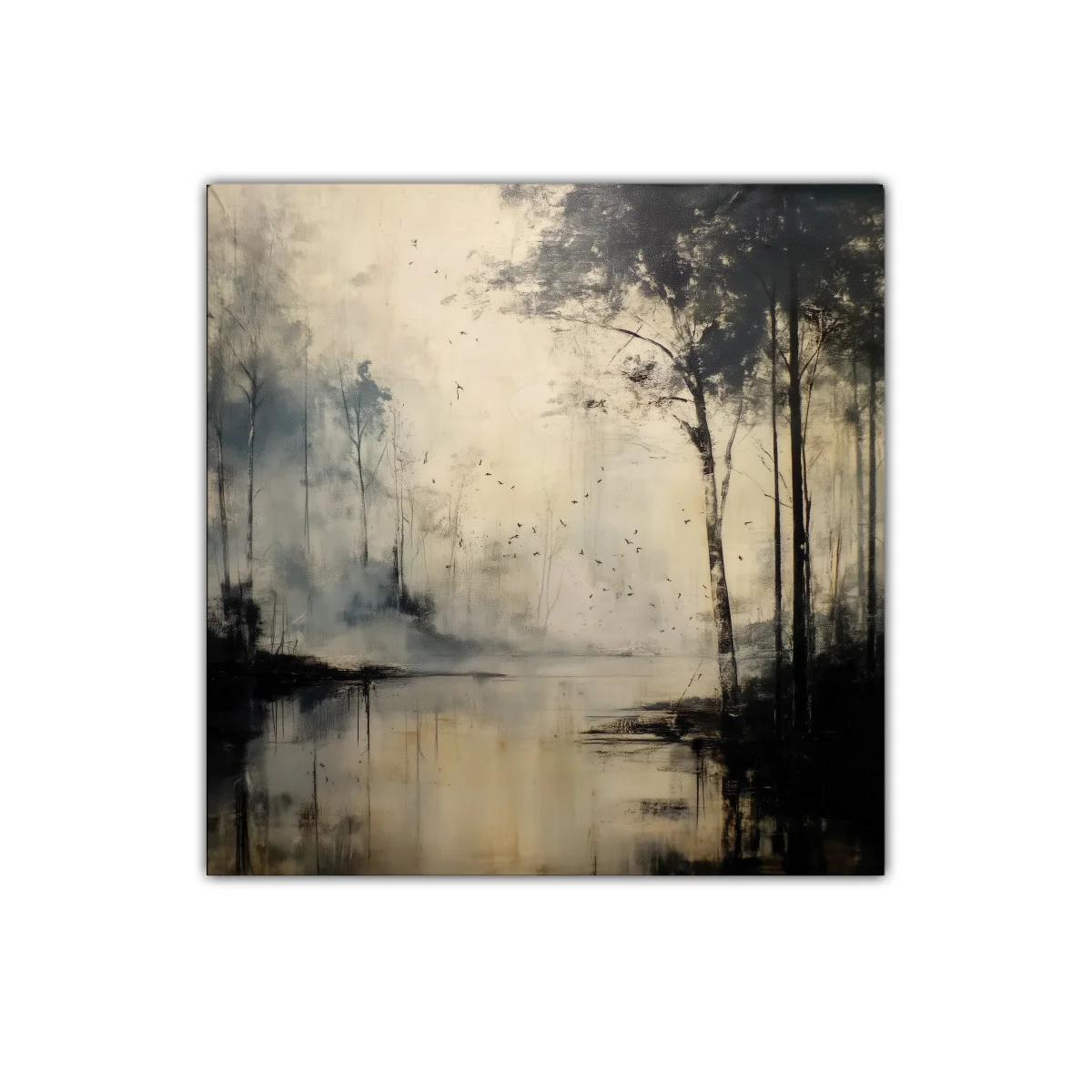 Paisaje sereno con árboles y reflejos en tonos neutros — imagen principal