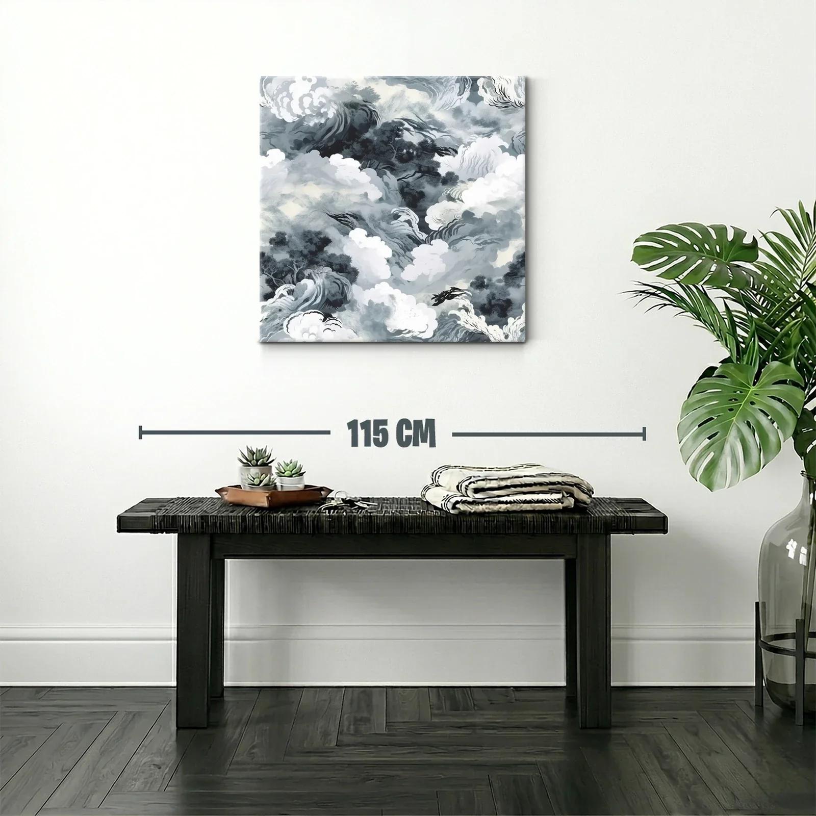 Cuadro abstracto con formas de nubes y árboles en tonos grises — miniatura 2