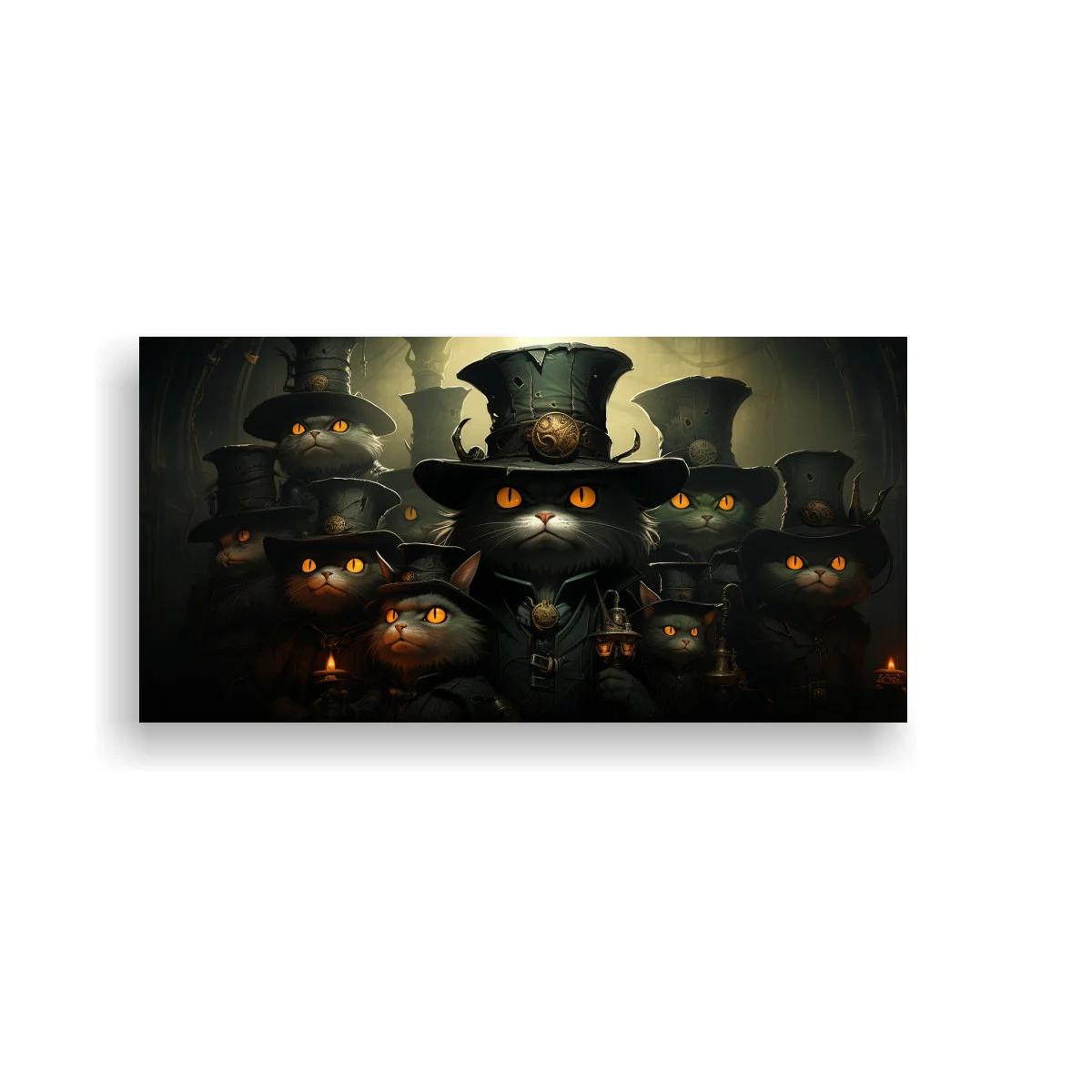 Cuadro grupo de gatos negros con sombreros de copa y reloj de bolsillo