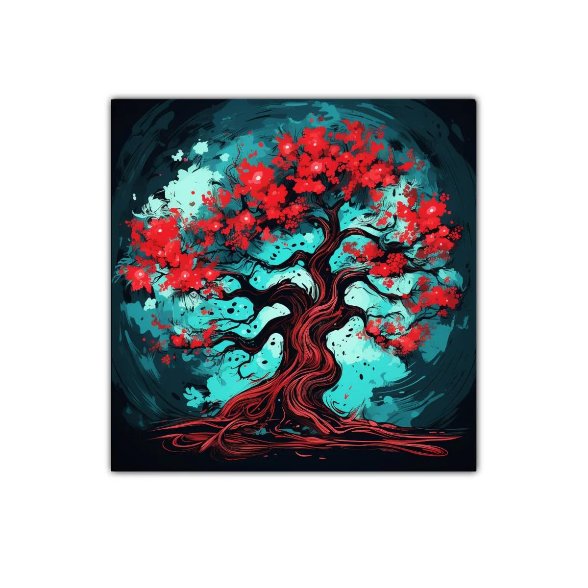 Árbol vibrante con flores rojas y fondo turquesa intenso