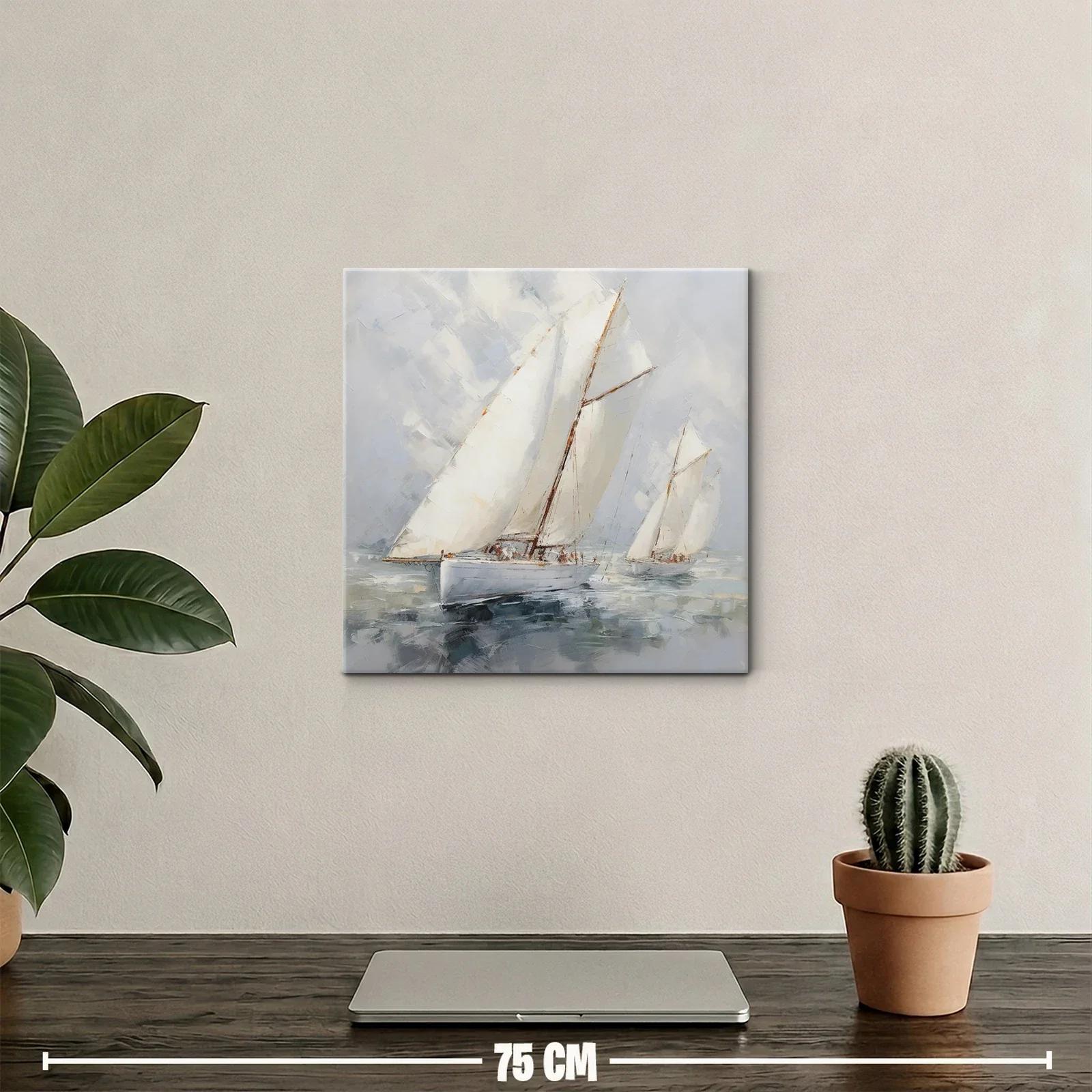 Elegante cuadro de veleros en mar sereno y cielo nublado — miniatura 2