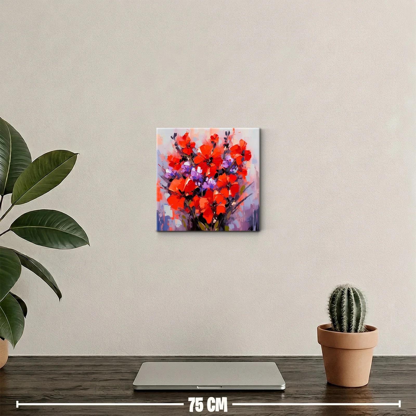 Cuadro decorativo con ramo vibrante de flores rojas y lilas — miniatura 2