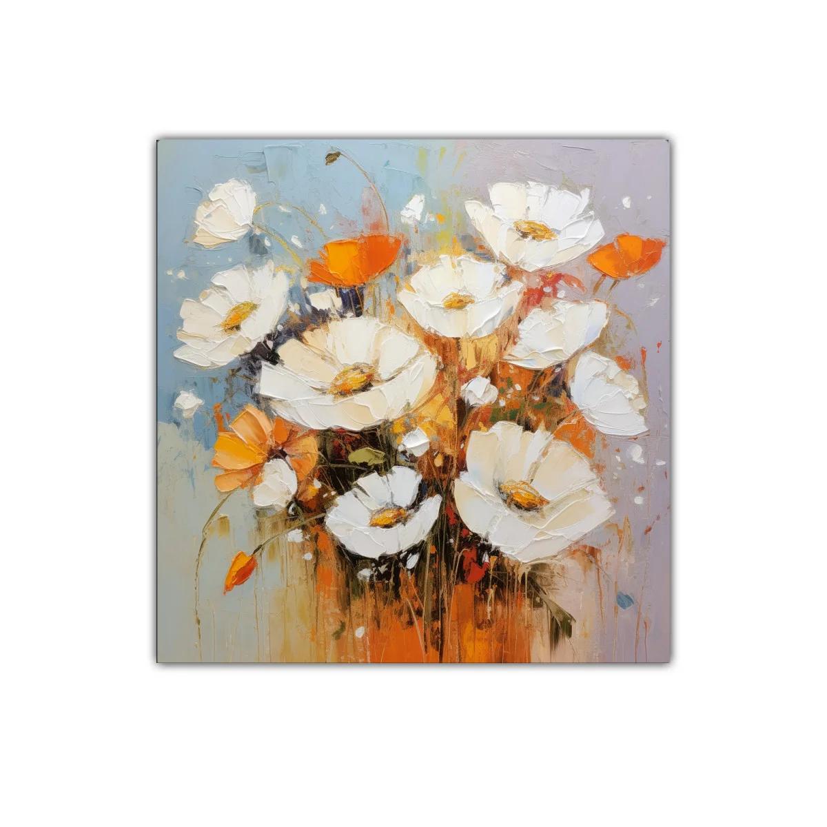 Cuadro de flores blancas y naranjas con toque abstracto — miniatura 1