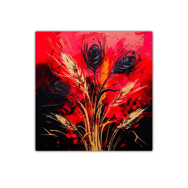 Composición abstracta con flores negras y fondo rojo intenso