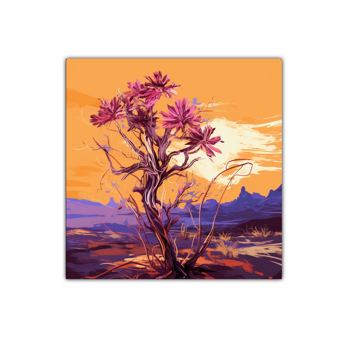 Atardecer con árbol de flores vibrantes en paisaje desértico