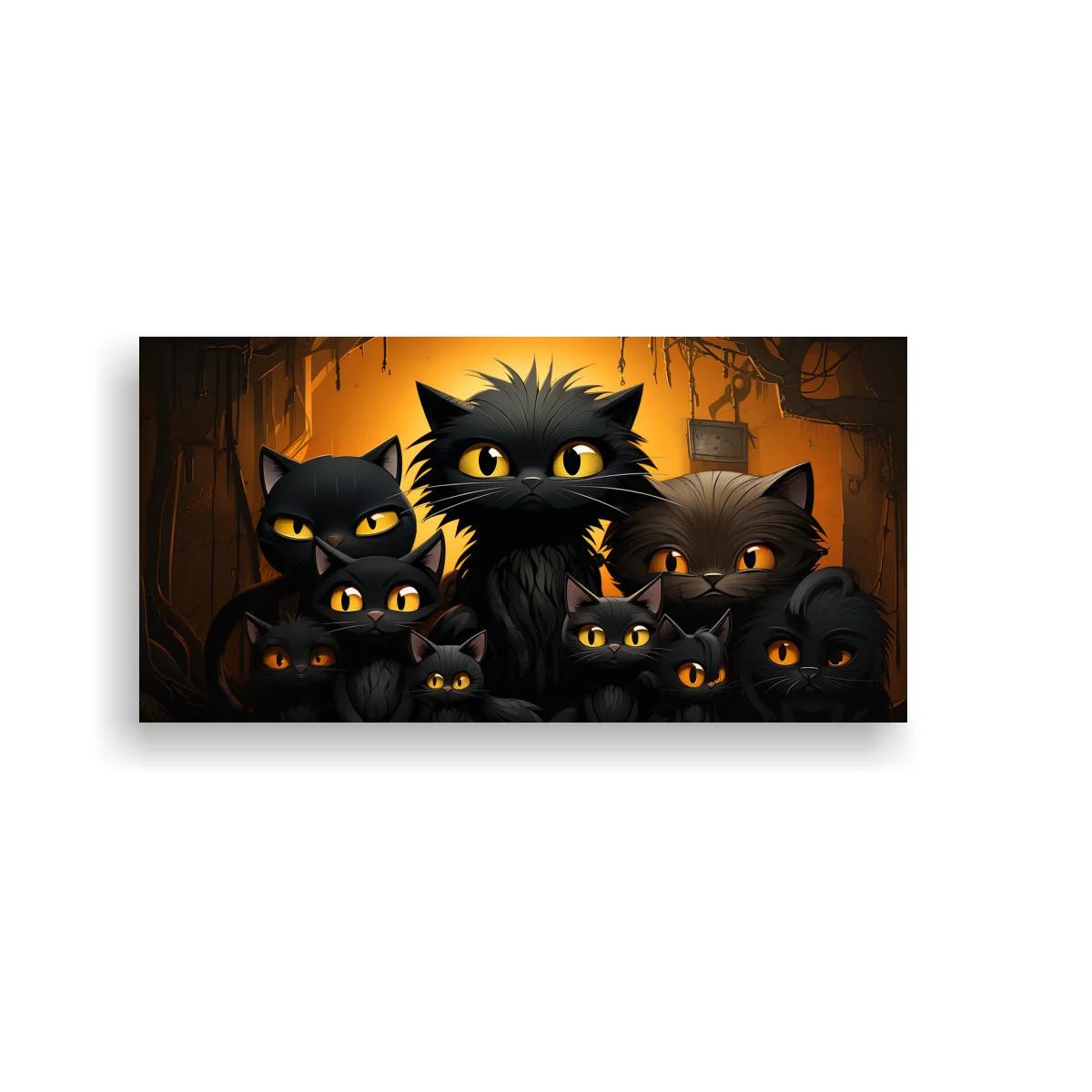 Cuadro grupo de gatos negros con ojos amarillos y farol