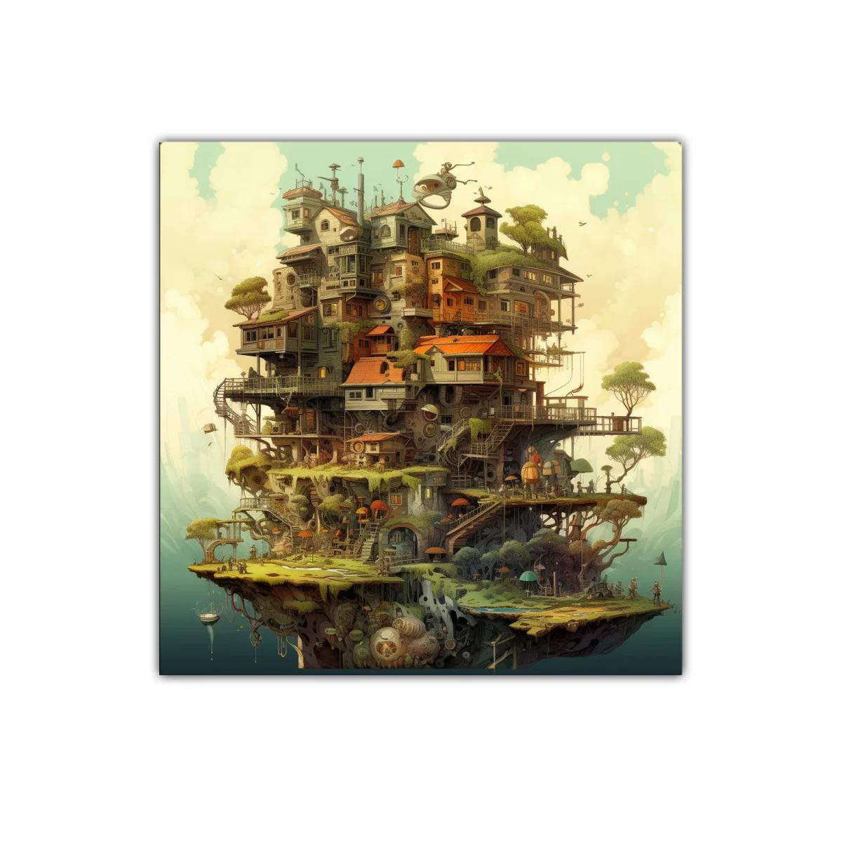 Ciudad fantástica sobre isla flotante con arquitectura única