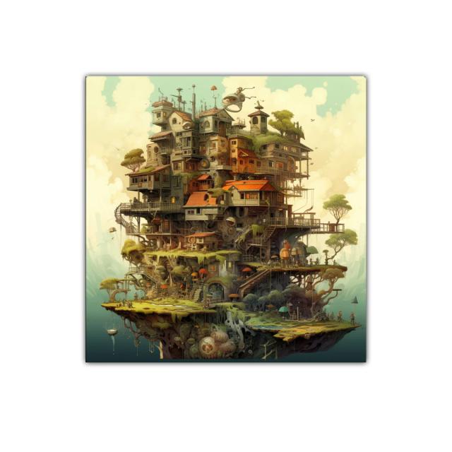 Ciudad fantástica sobre isla flotante con arquitectura única