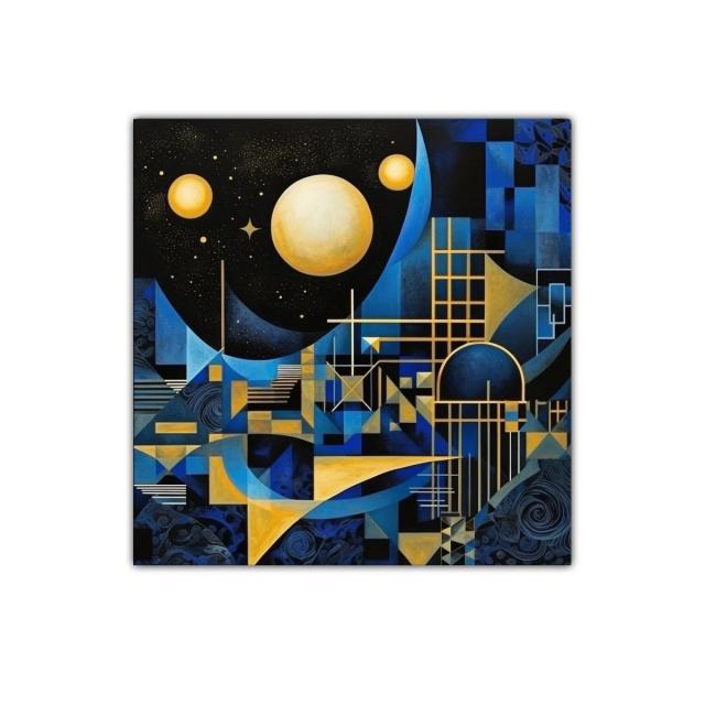 Cuadro decorativo con formas geométricas y esferas doradas