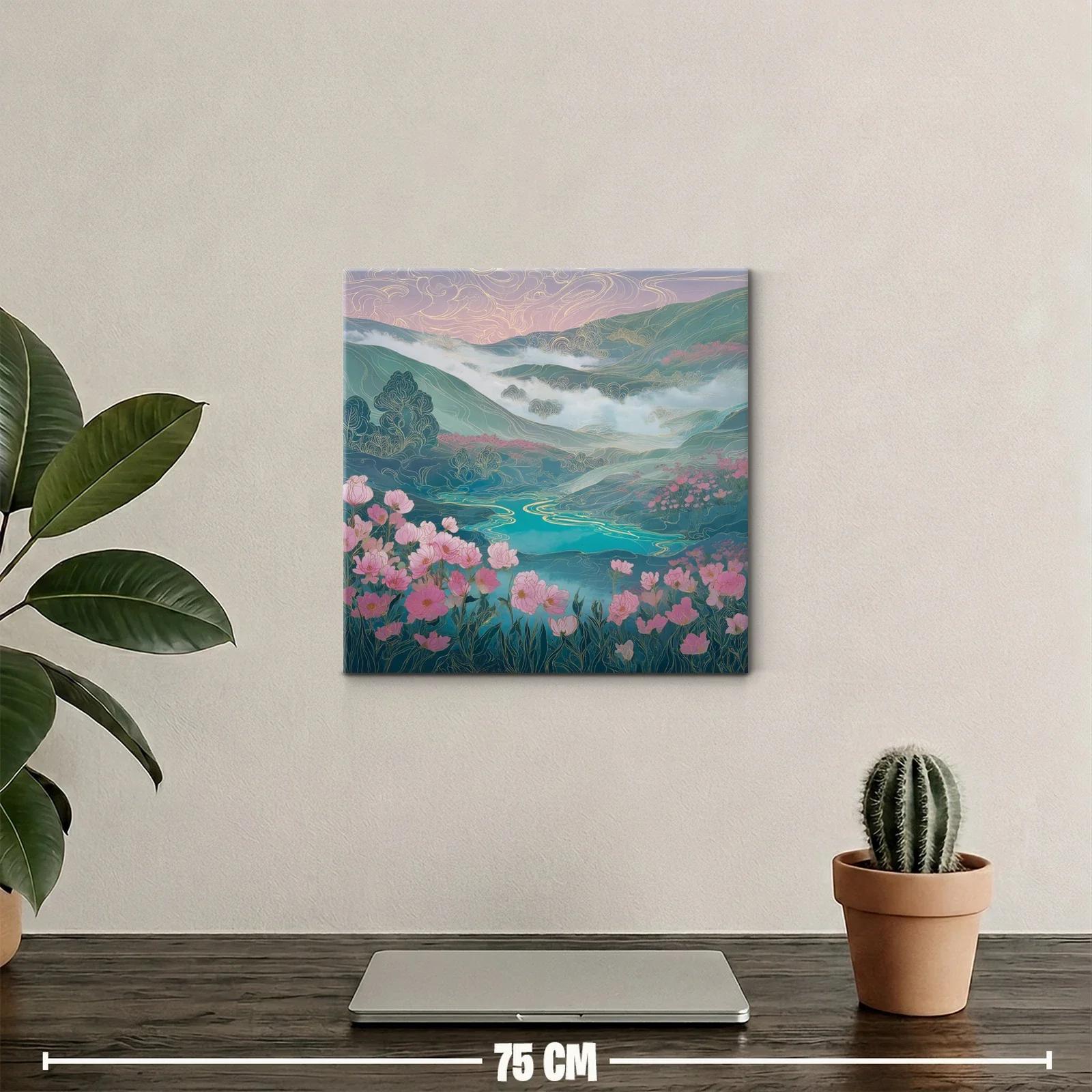 Paisaje floral con lago y montañas en tonos suaves — miniatura 2