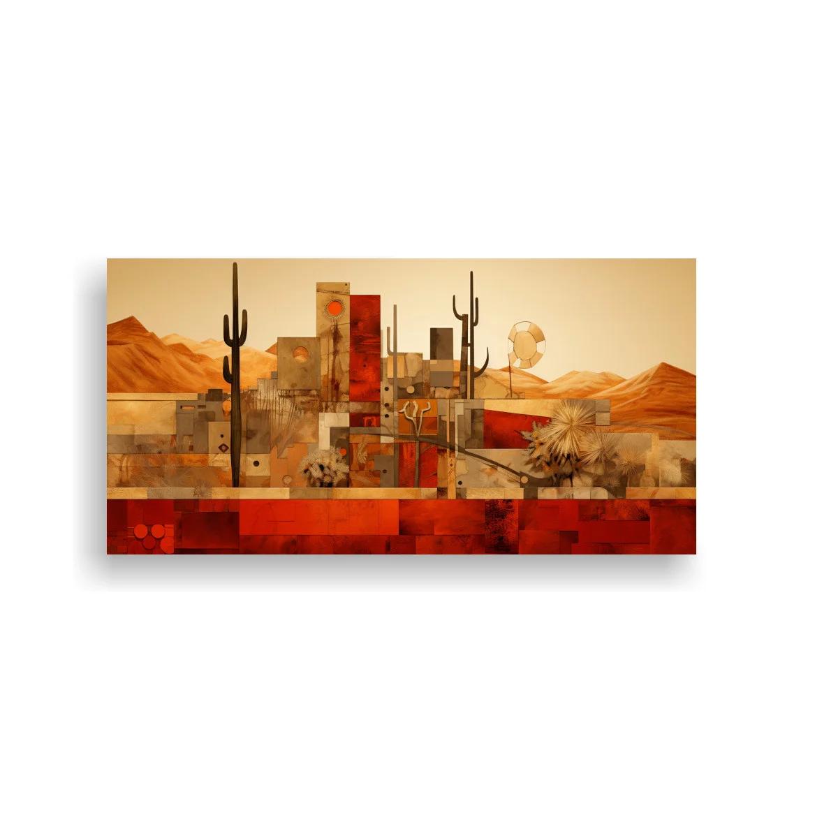 Cuadro paisaje urbano desértico con sol rojo y cactus