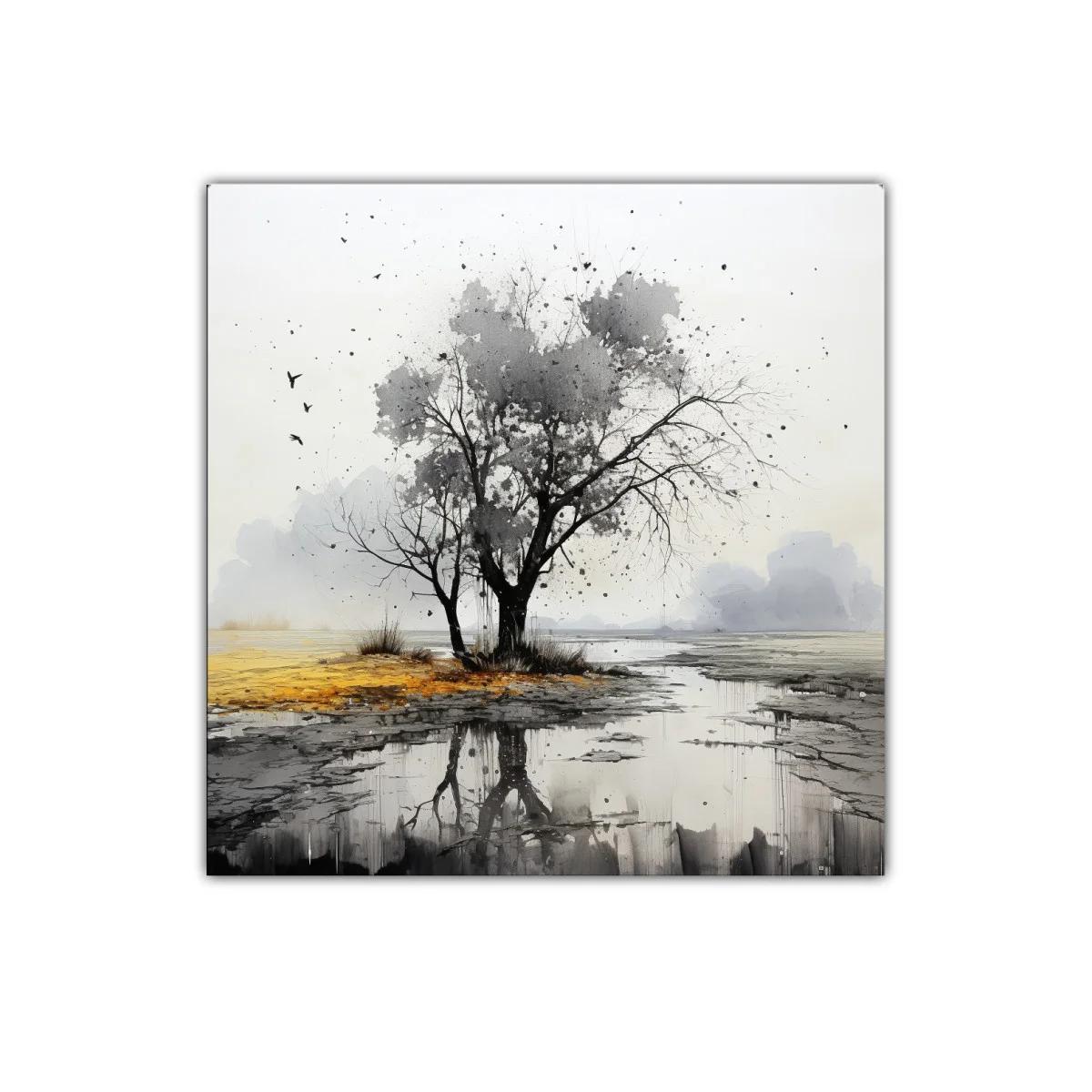 Paisaje sereno con árbol y reflejo en tonos neutros