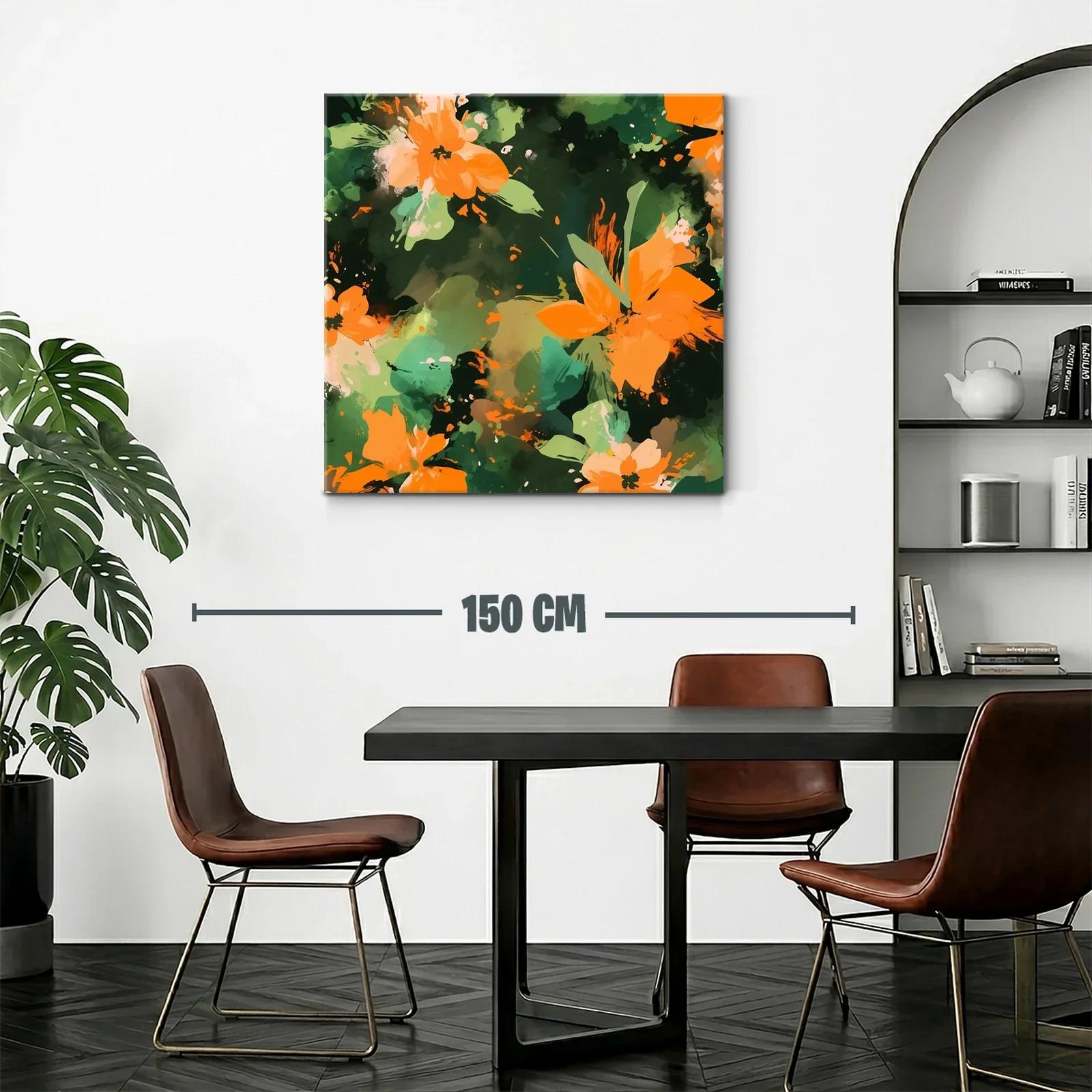 Cuadro abstracto con flores naranja y fondo verde oscuro — miniatura 2