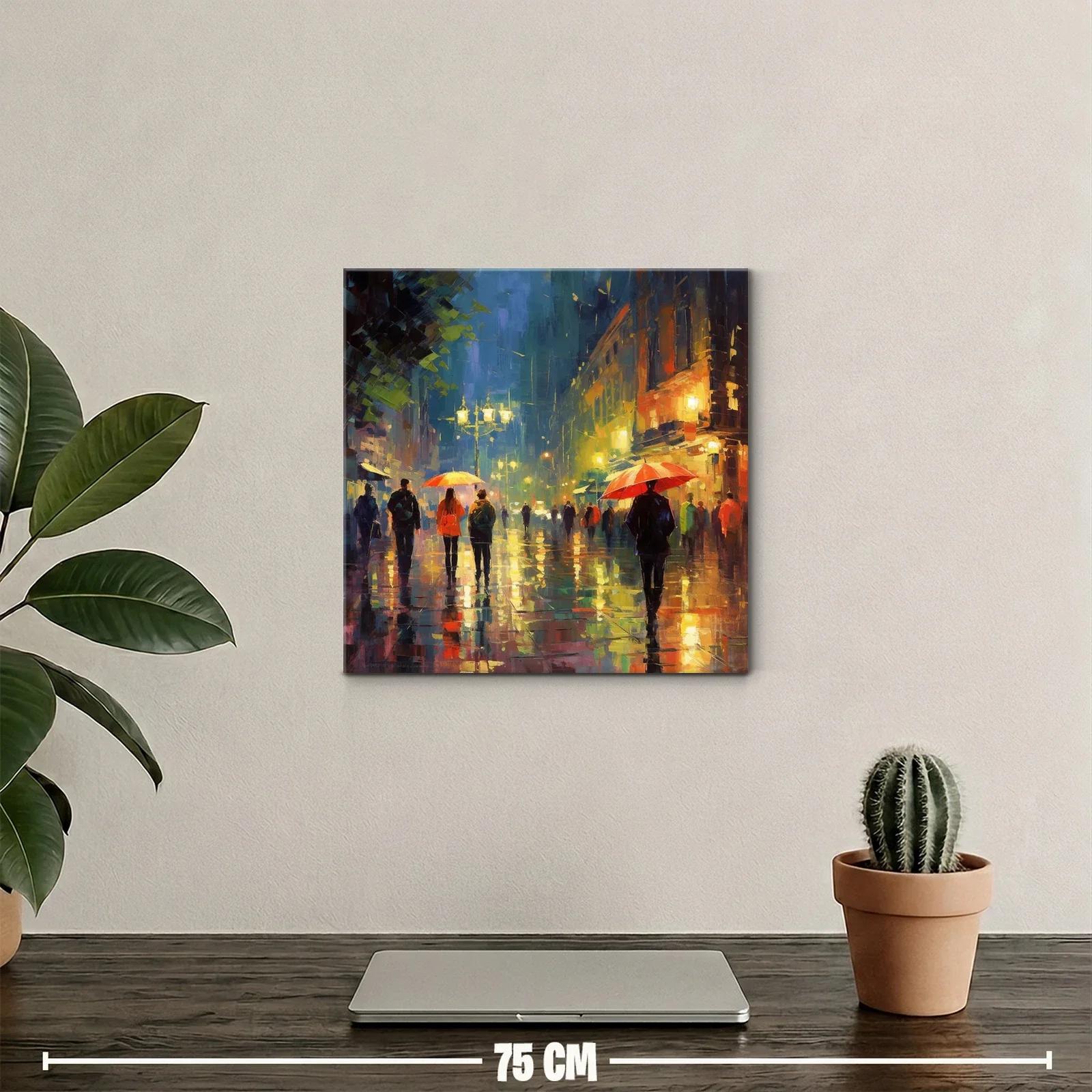 Escena urbana nocturna con paraguas en calles lluviosas — miniatura 2