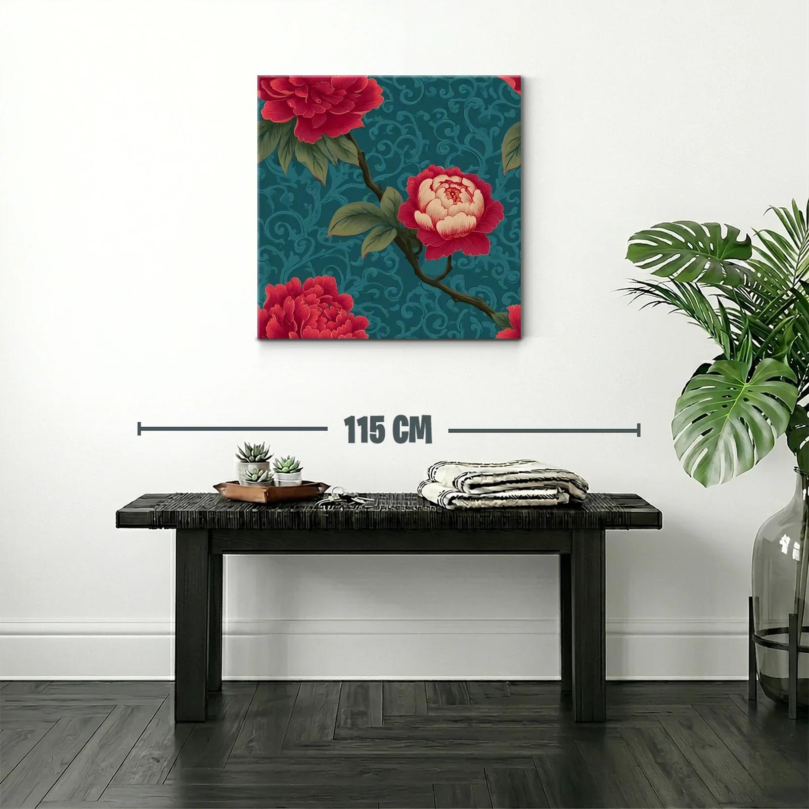 Cuadro floral con rosas rojas sobre fondo azul texturizado — miniatura 2