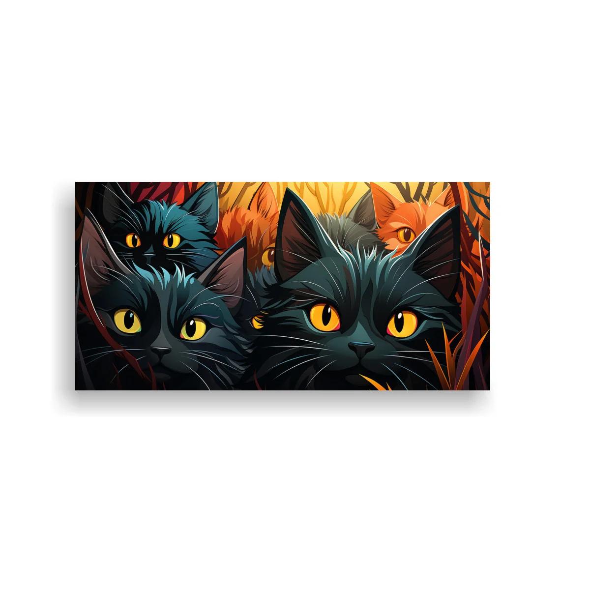 Cuadro gatos negros de ojos amarillos entre ramas