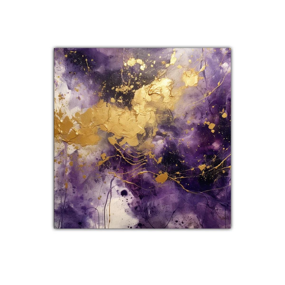 Arte abstracto vibrante en tonos púrpura y dorado con dinamismo
