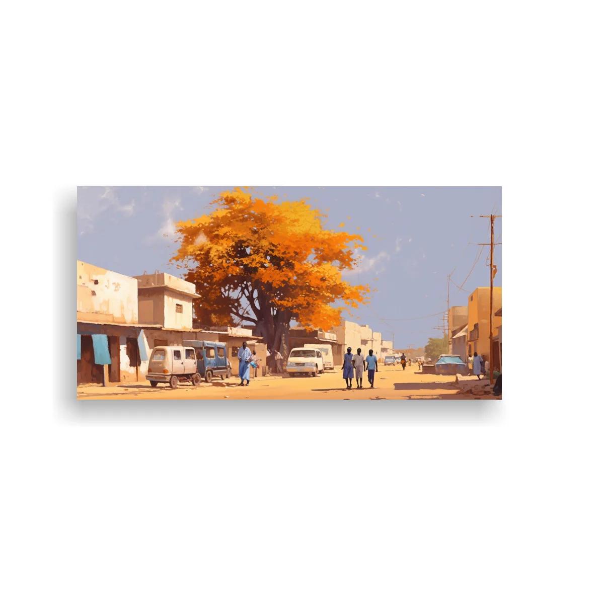 Cuadro calle de pueblo con árbol naranja