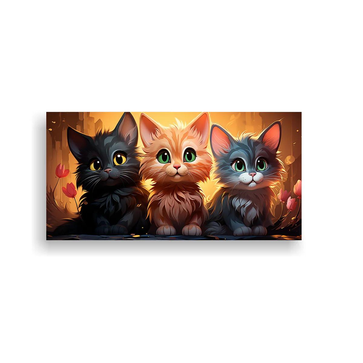 Cuadro tres gatitos sobre un fondo luminoso con flores y formas