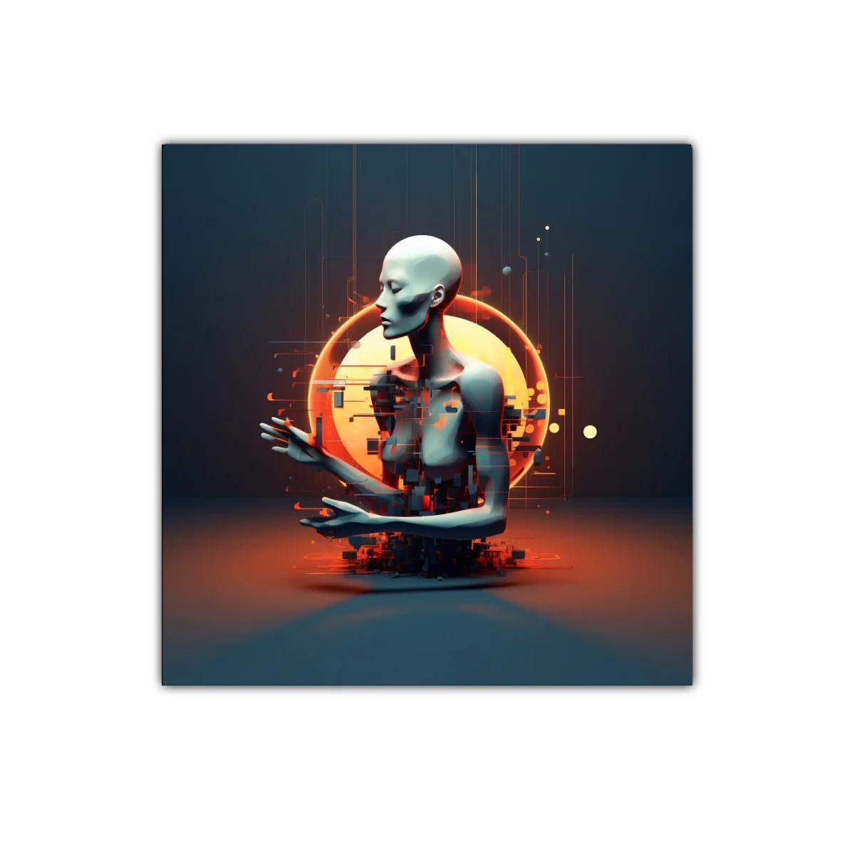 Escultura digital de figura humana futurista con halo luminoso