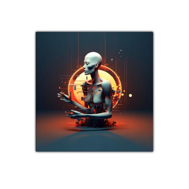 Escultura digital de figura humana futurista con halo luminoso