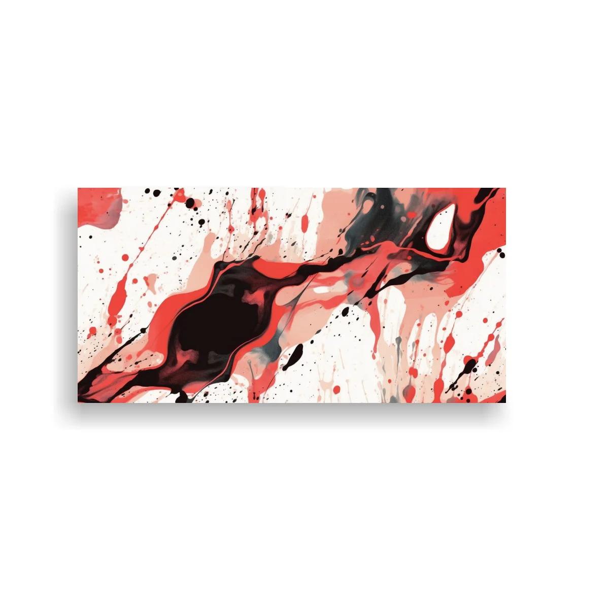 Cuadro mancha abstracta fluida en negro y coral con salpicaduras