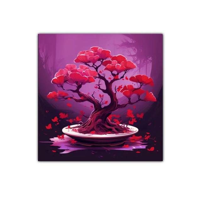 Árbol bonsái con flores rojas sobre fondo lila vibrante