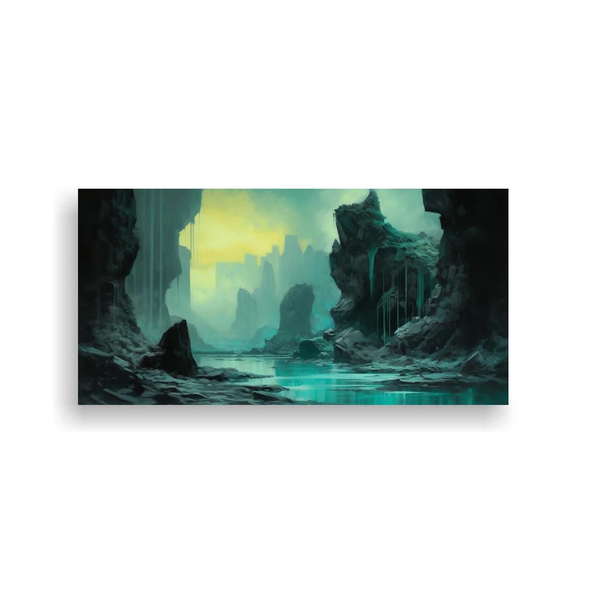 Cuadro paisaje de cuevas con laguna y fondo luminoso