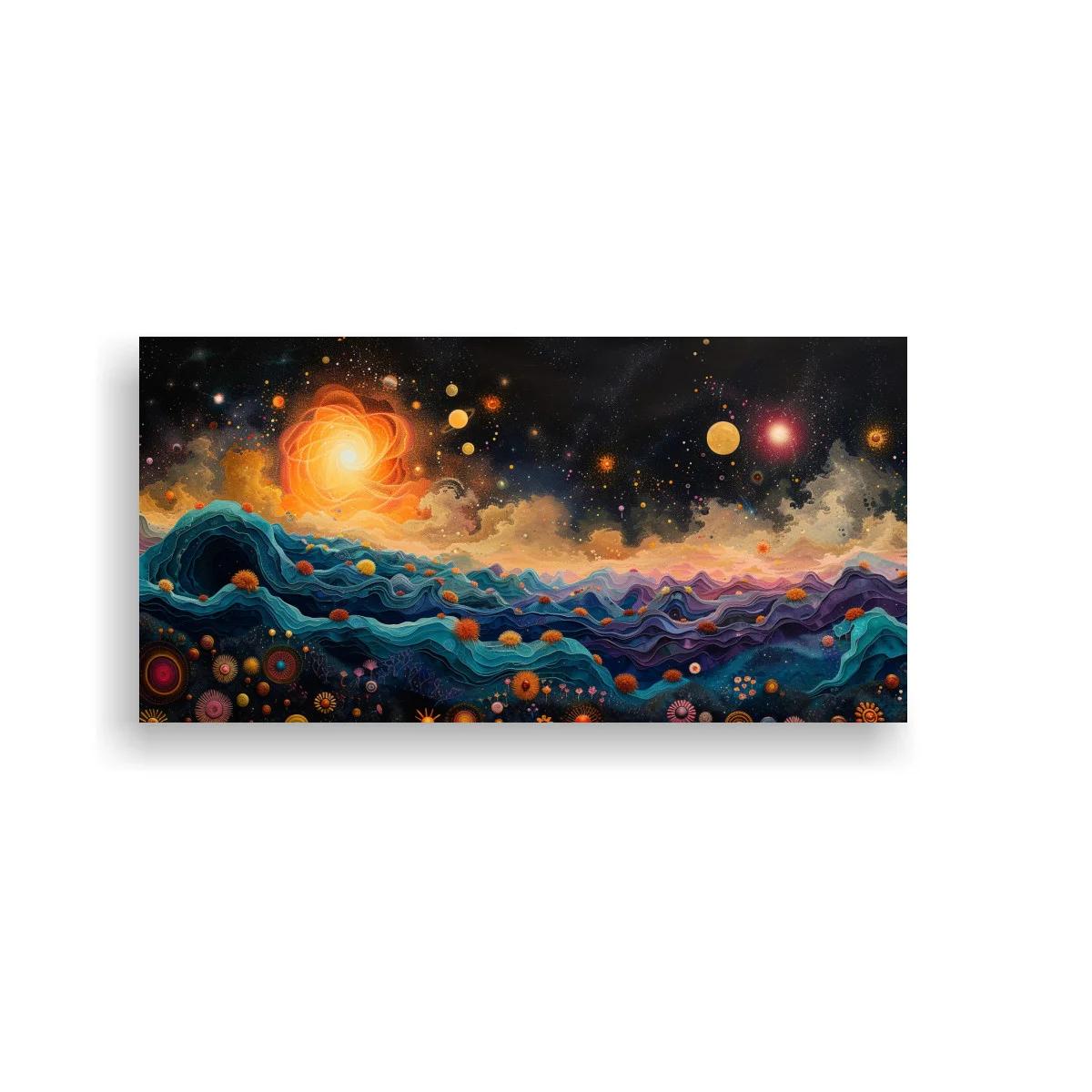 Cuadro paisaje cósmico de olas con esferas luminosas