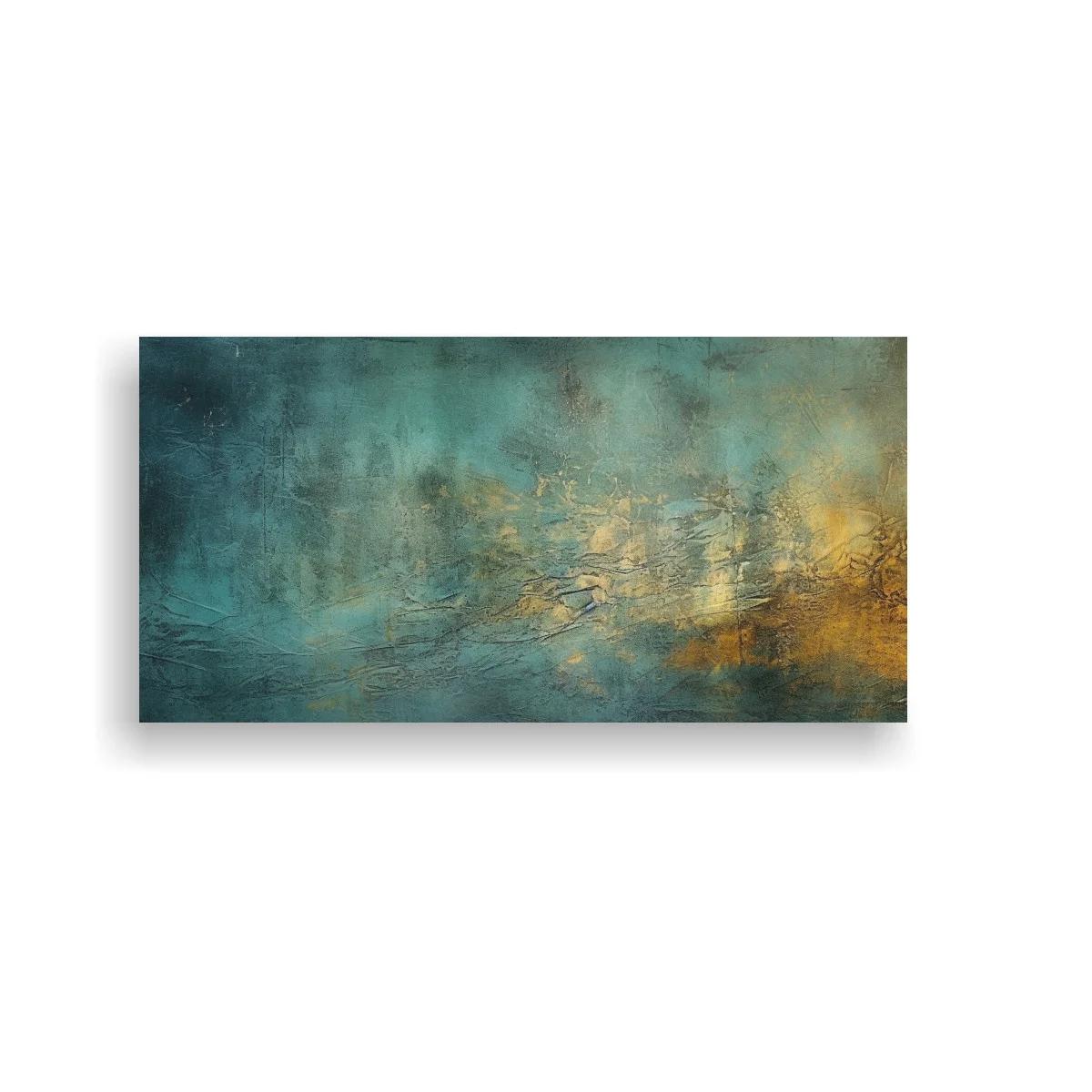 Cuadro paisaje abstracto con franja dorada y tonos turquesa