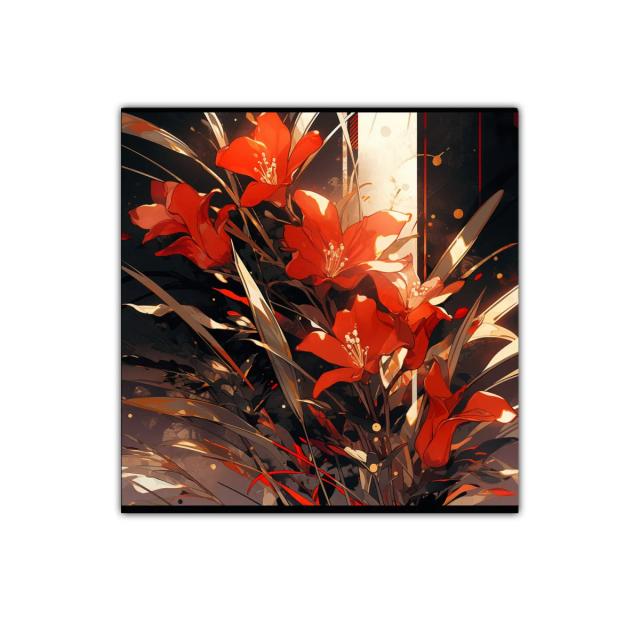 Cuadro decorativo con flores rojas y contrastes cálidos