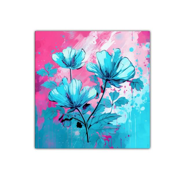 Flores azules vibrantes sobre fondo rosa y aqua