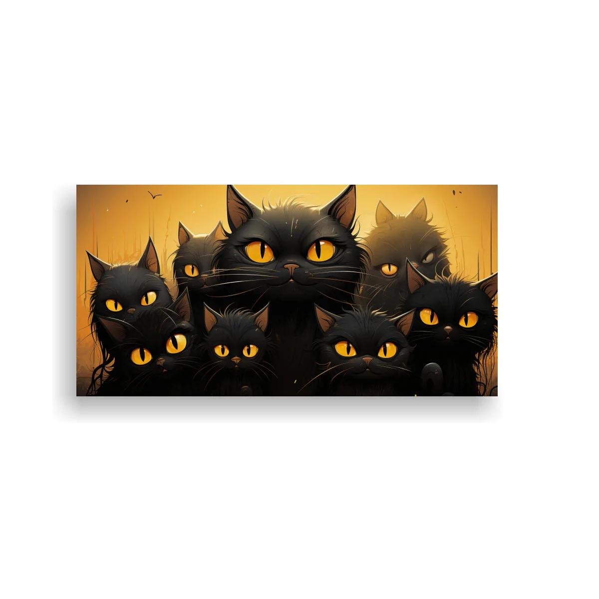 Cuadro grupo de gatos negros con ojos amarillos