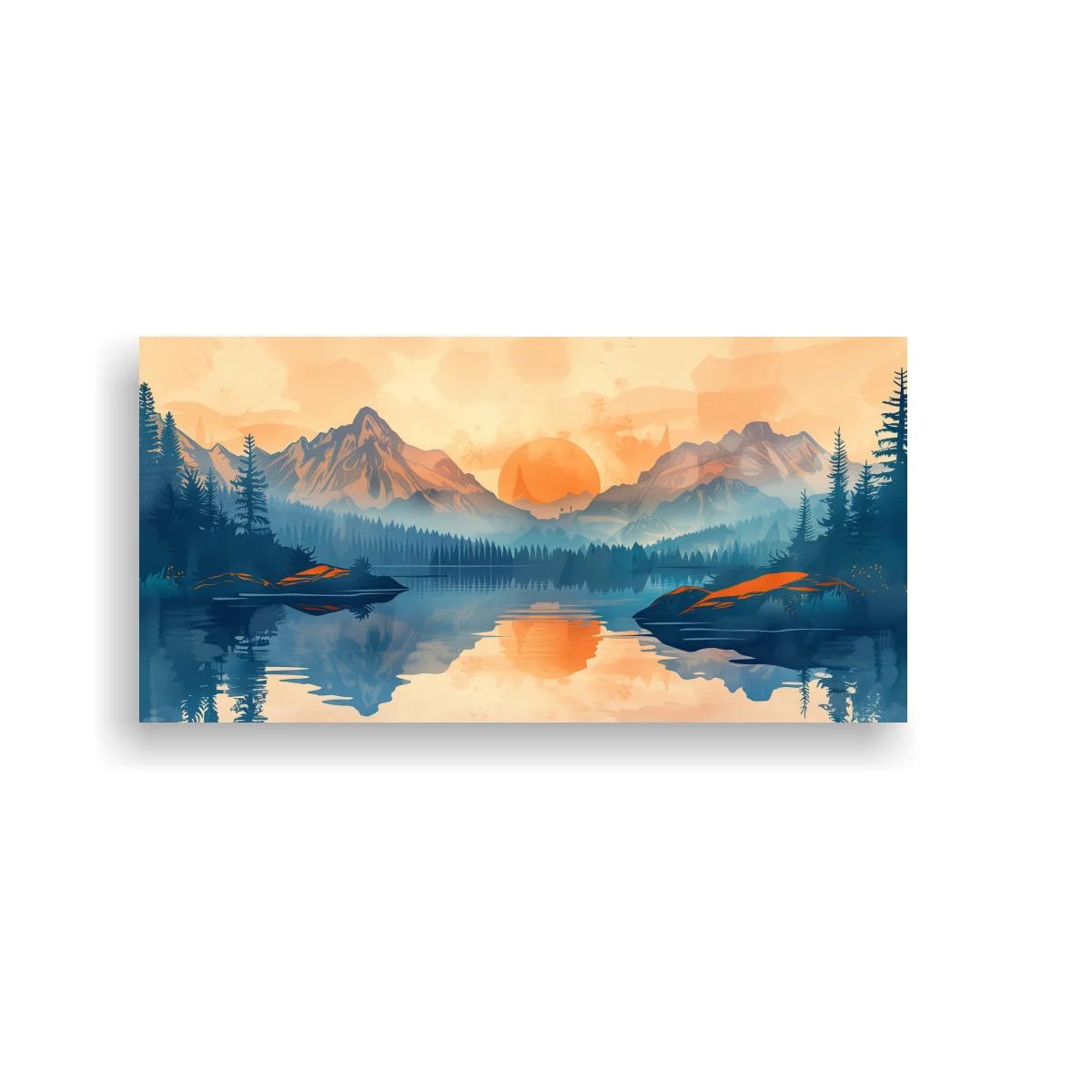 Cuadro paisaje de lago de montaña con reflejos simétricos