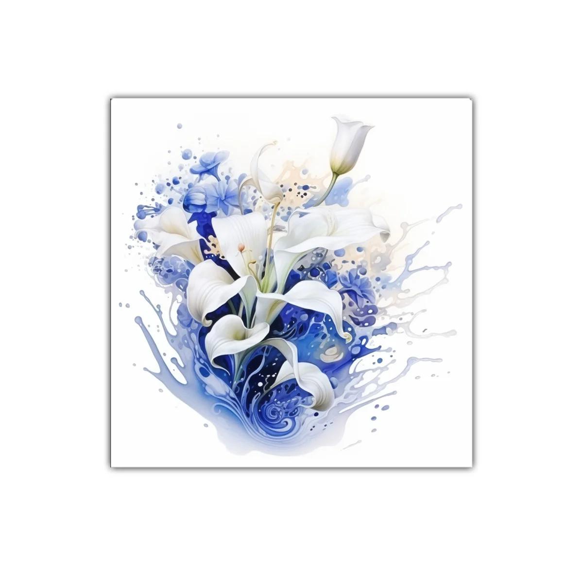 Cuadro decorativo con lirios blancos y salpicaduras azules