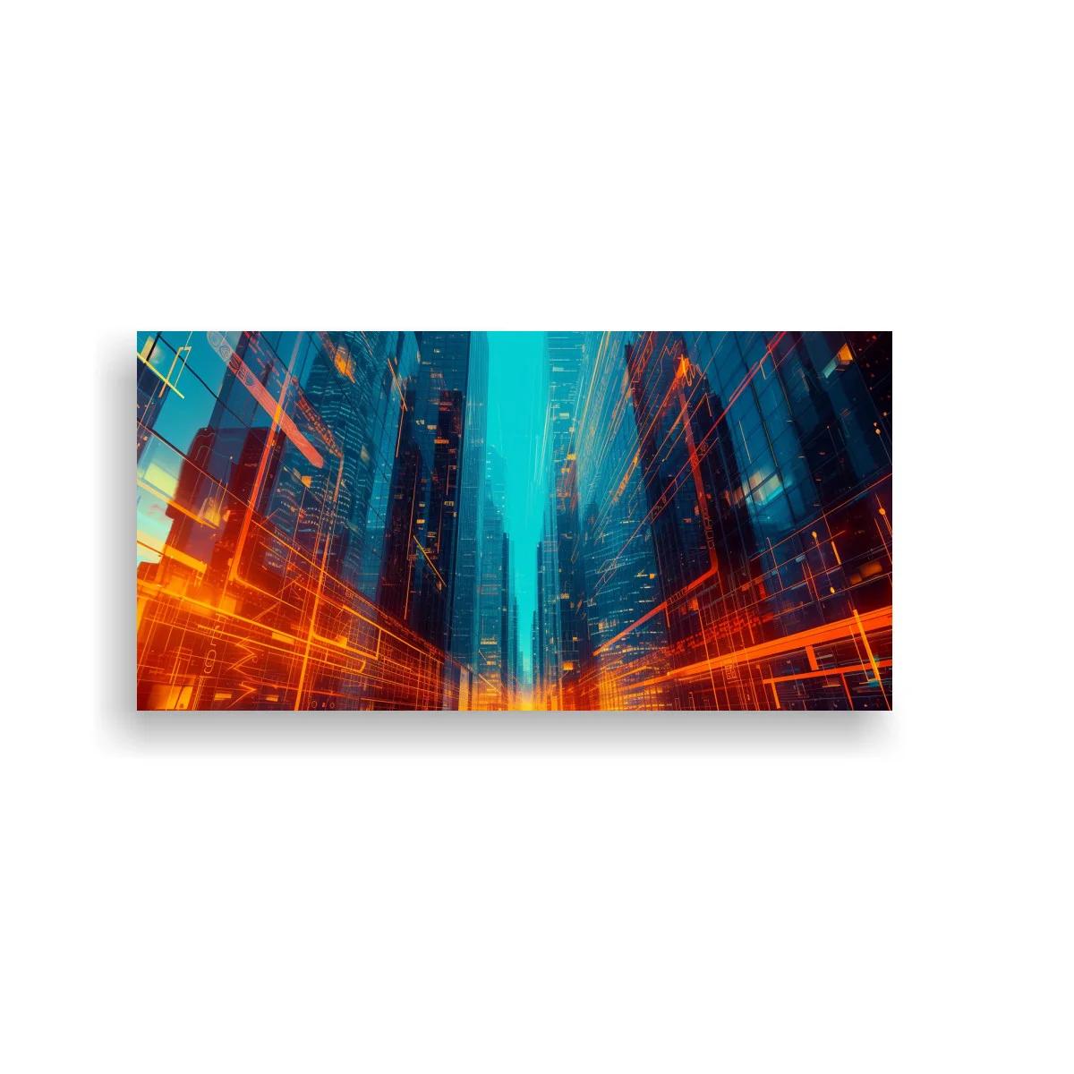Cuadro rascacielos urbanos con luces naranjas