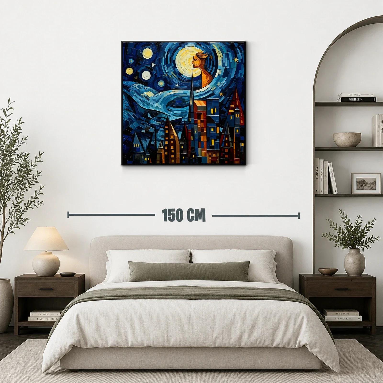 Paisaje urbano bajo un cielo estrellado con figura luminosa — miniatura 3