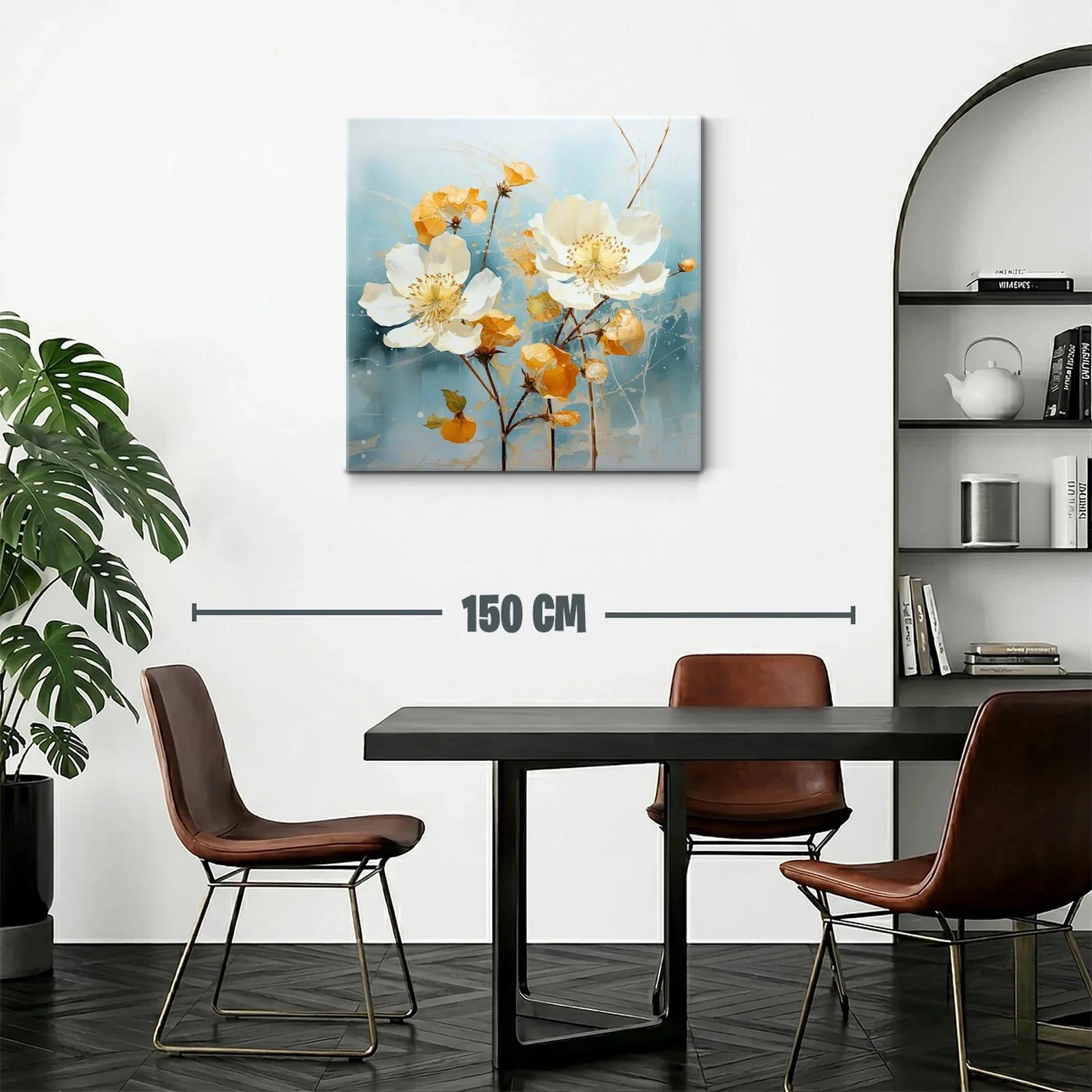 Cuadro con flores blancas y tonos cálidos sobre fondo azul — miniatura 2