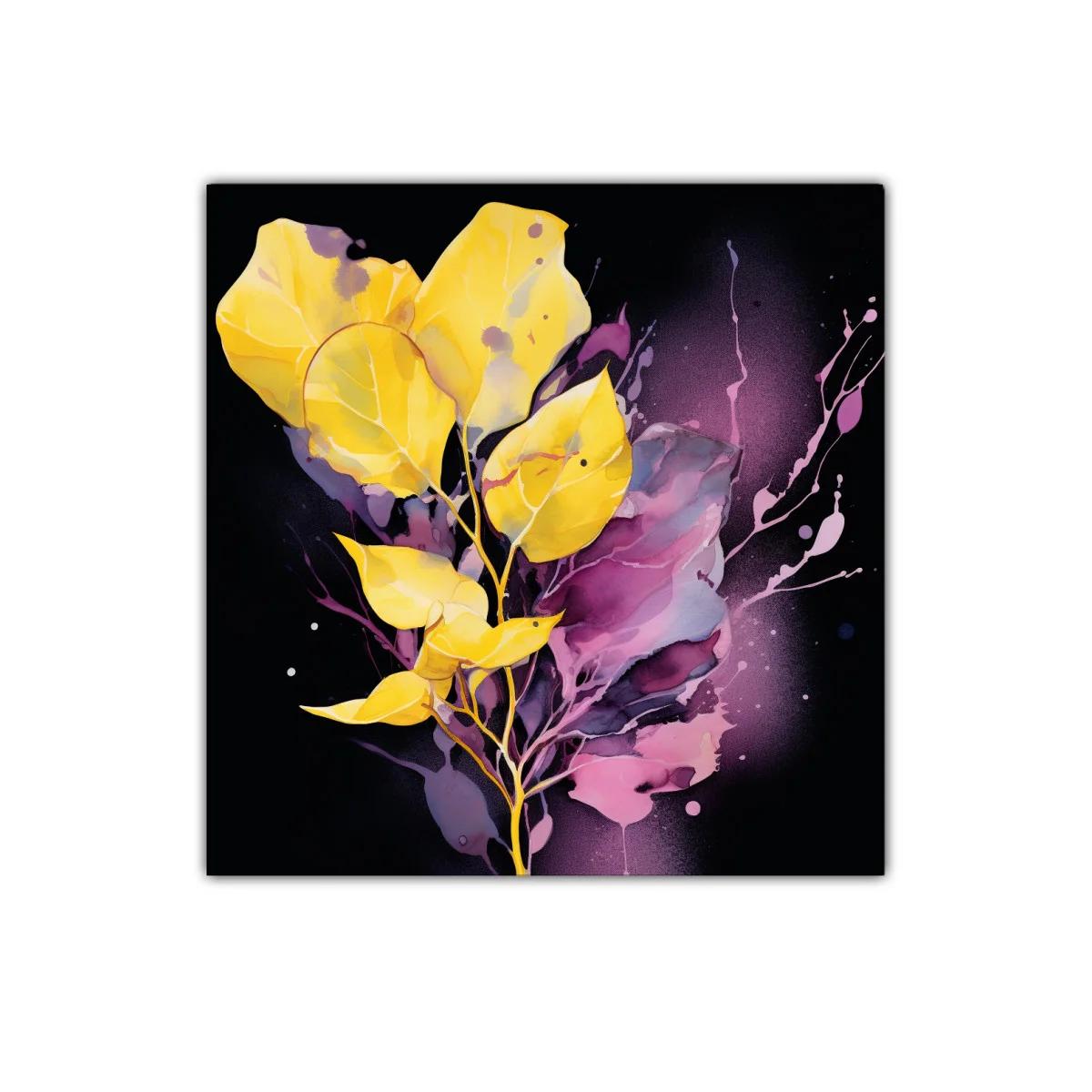 Cuadro decorativo con hojas vibrantes en tonos amarillos y púrpuras