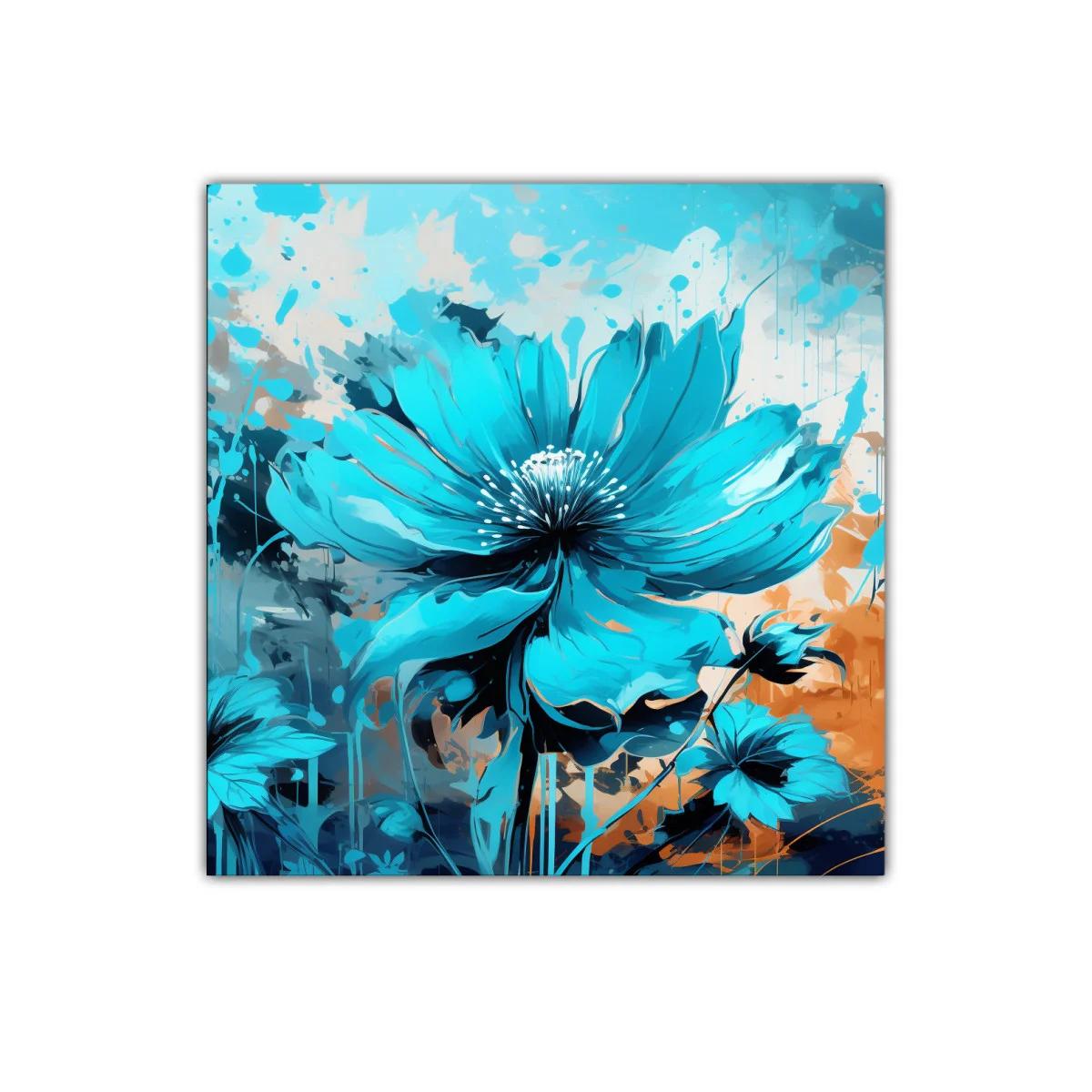 Cuadro con flor azul vibrante sobre fondo abstracto cálido — imagen principal