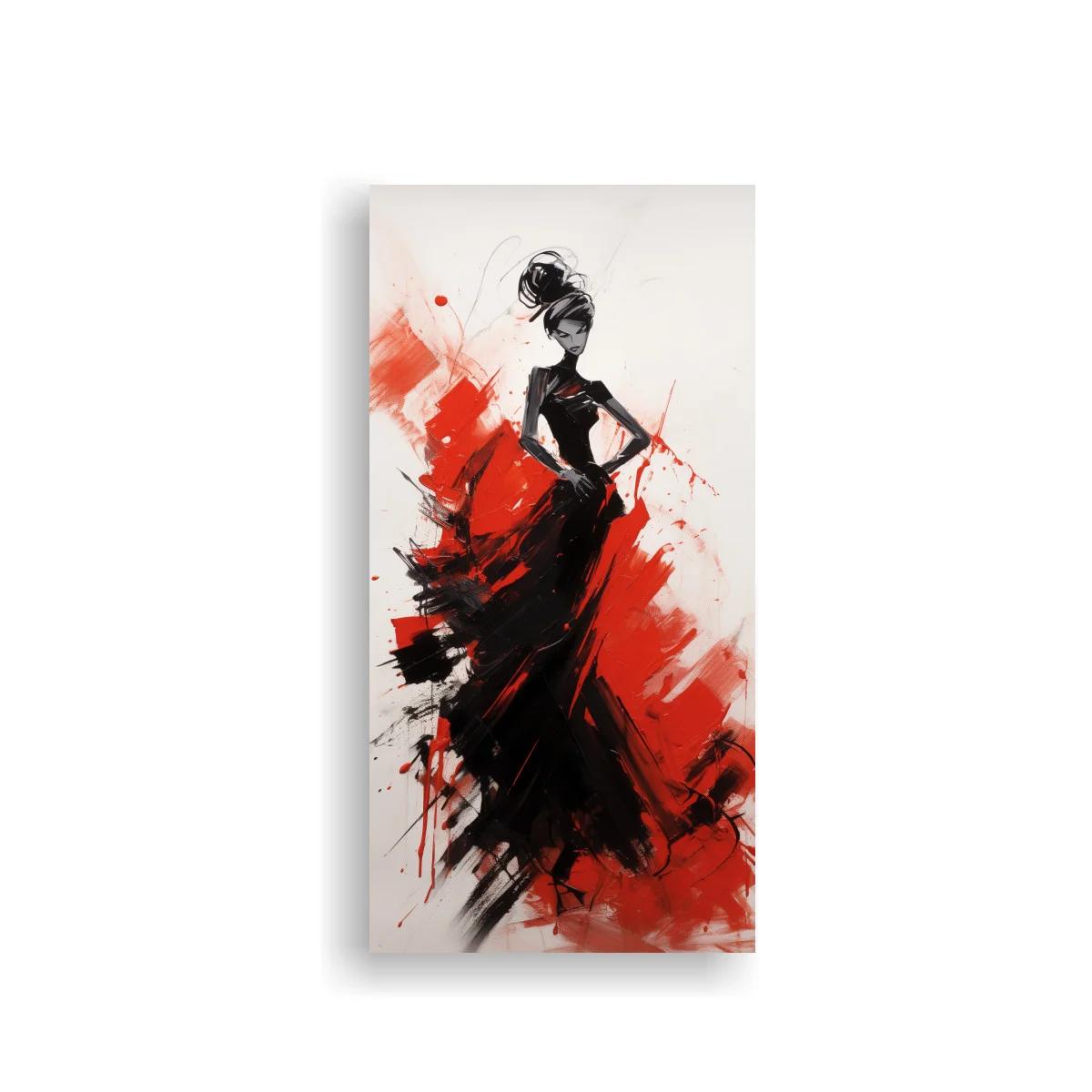 Cuadro mujer con vestido largo negro y manchas rojas
