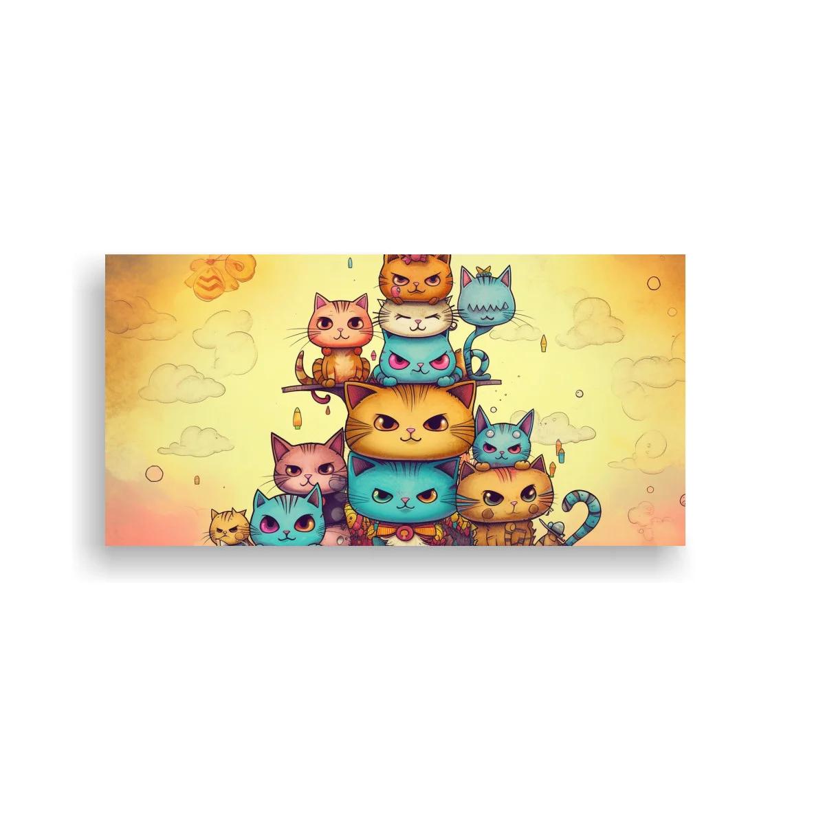 Cuadro torre de gatos kawaii con sol sonriente