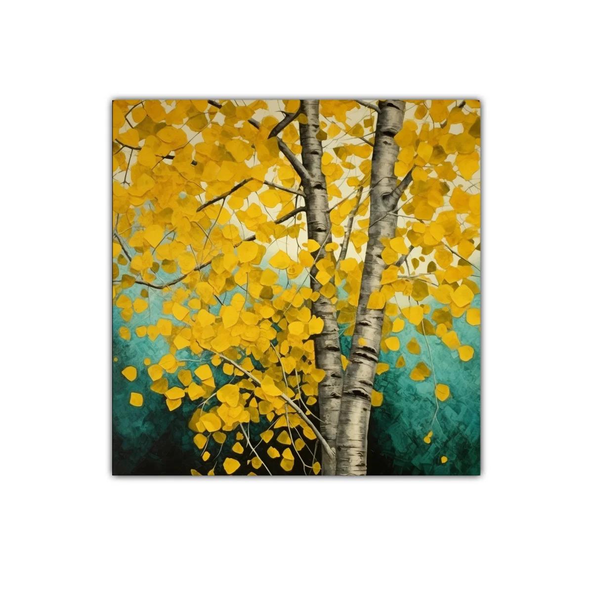 Árbol de hojas doradas con tronco plateado en fondo turquesa — imagen principal