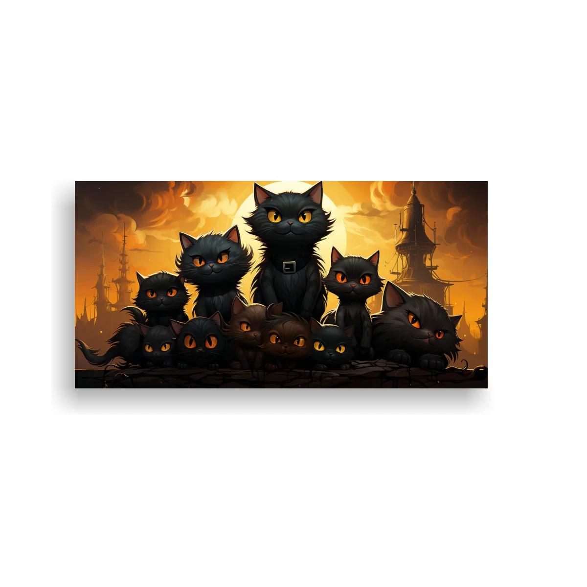 Cuadro grupo de gatos negros con neblina y cielo anaranjado