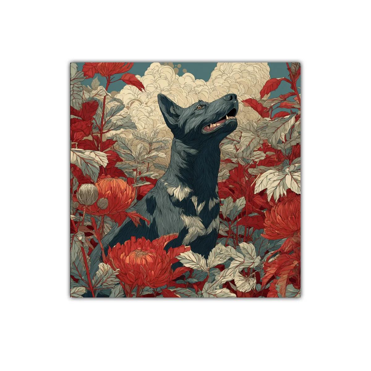 Perro entre flores rojas y follaje delicado — imagen principal